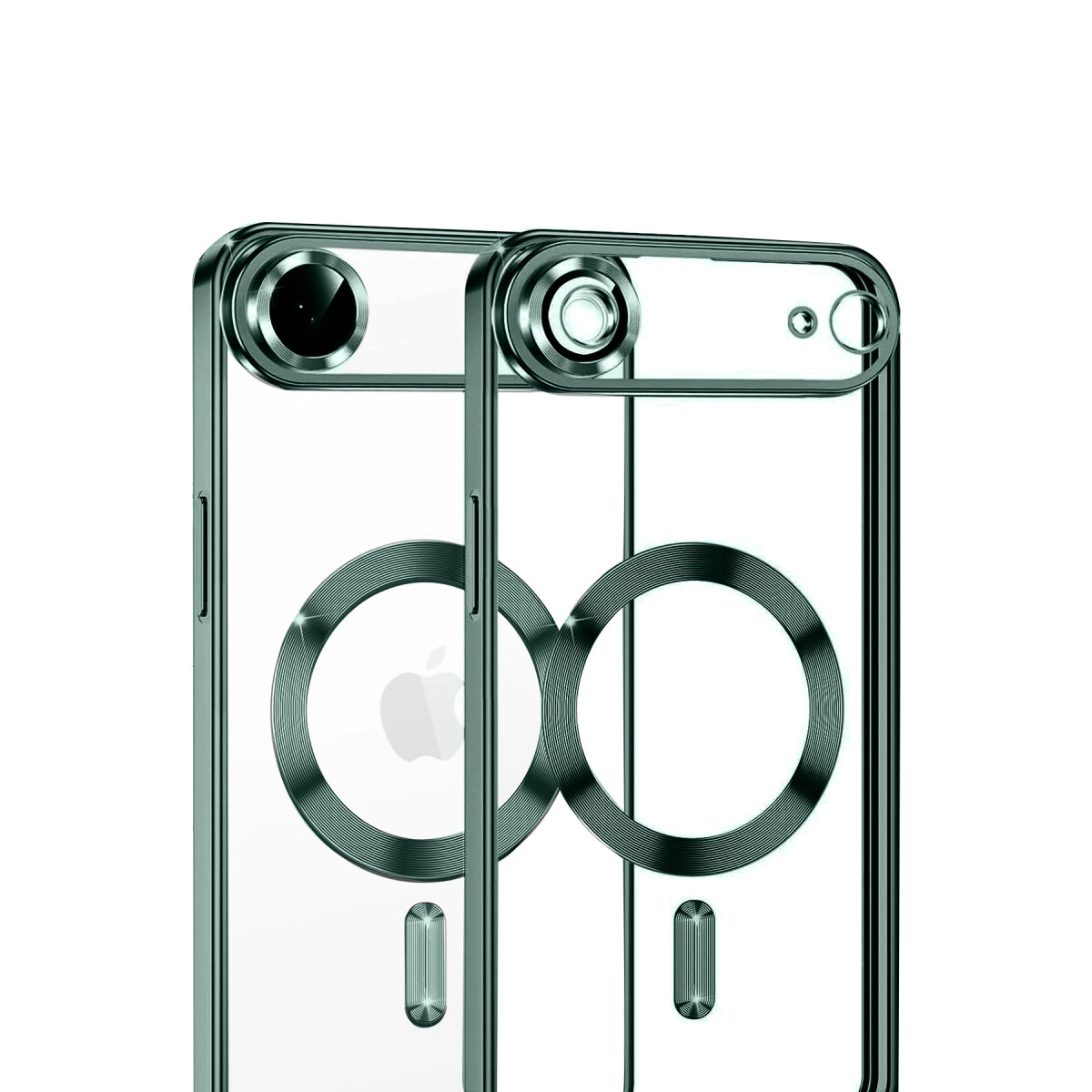Gümüş halkalı ve kamera modüllü iki şeffaf telefon kılıfı.