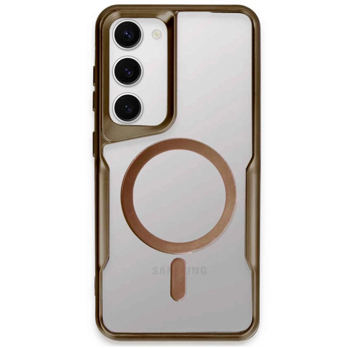 Üç kameralı ve manyetik halkalı kahverengi ve şeffaf telefon kılıfı.