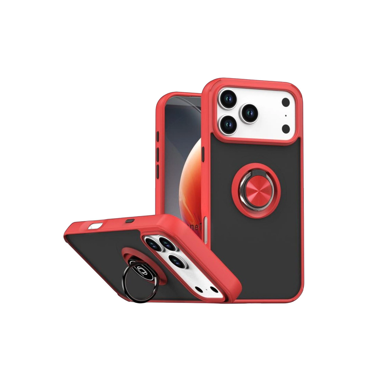 Kırmızı ve siyah telefon kılıfı, halka tutuculu, beyaz arka planlı.