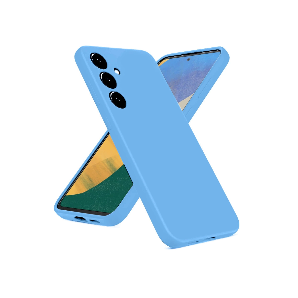 Beyaz arka plan üzerinde üst üste gelen iki açık mavi telefon kılıfı.