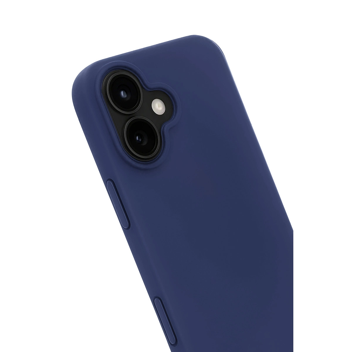 Kamera sistemli lacivert telefon kılıfı. Beyaz düğme.