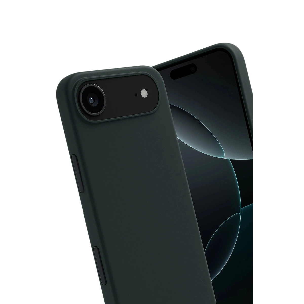 Arkada kamera modülü ve flaşı olan koyu yeşil telefon.