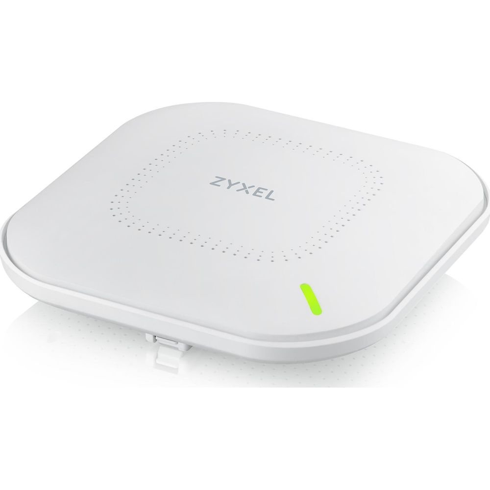 Białe urządzenie Zyxel z małymi światłami i zielonym wskaźnikiem.