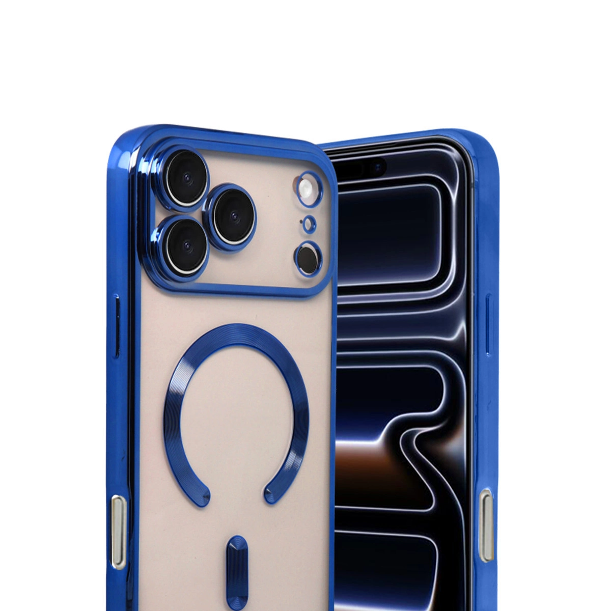 Üç kamera lensli ve manyetik halkalı mavi telefon kılıfı.