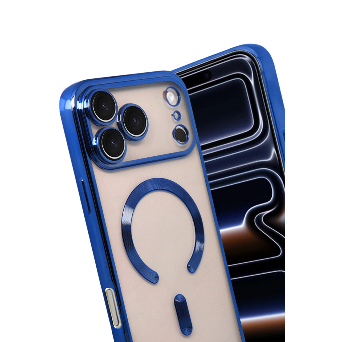Üç kameralı ve manyetik halkalı mavi telefon kılıfı.