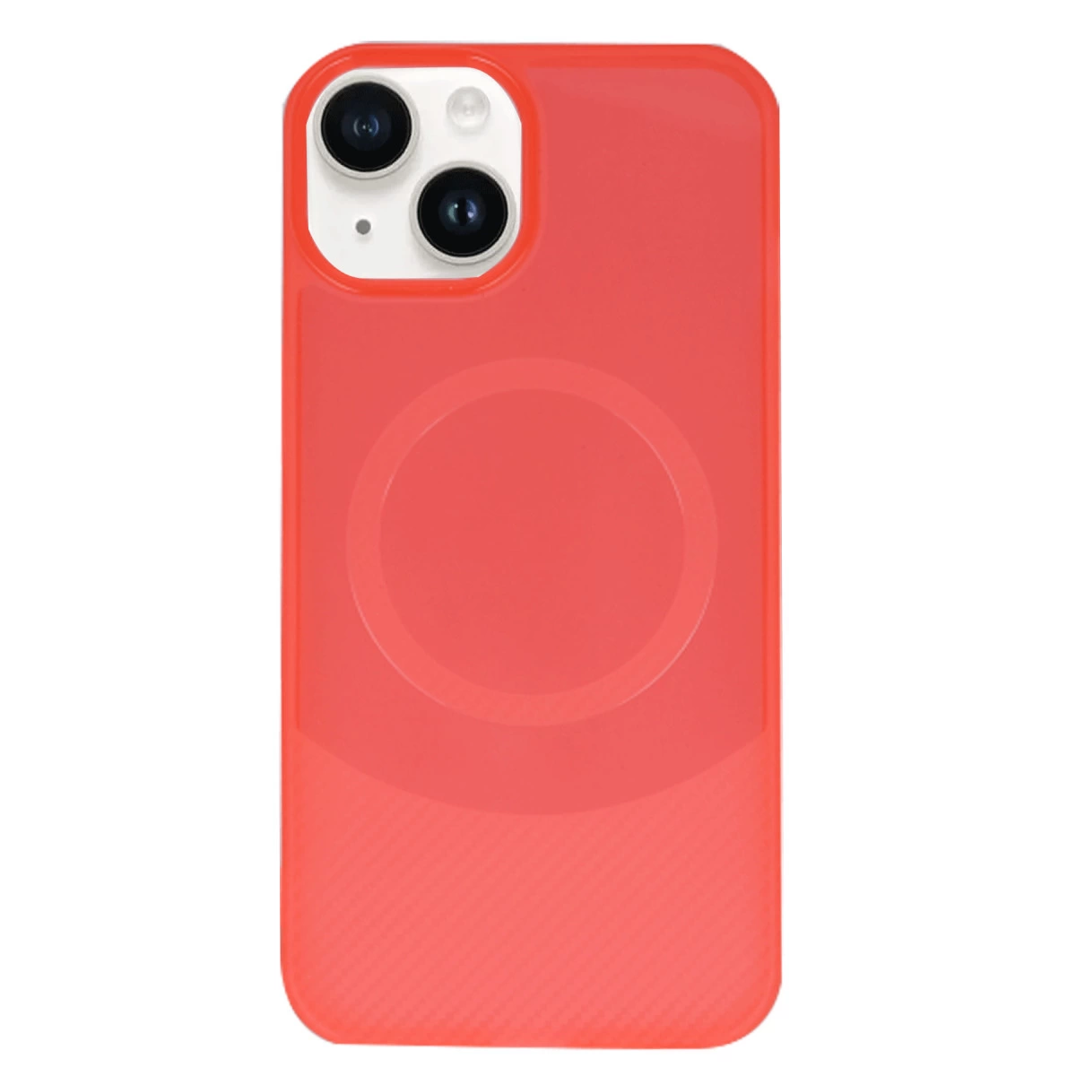 Ortasında bir daire ve iki kamera lensi olan kırmızı telefon kılıfı.