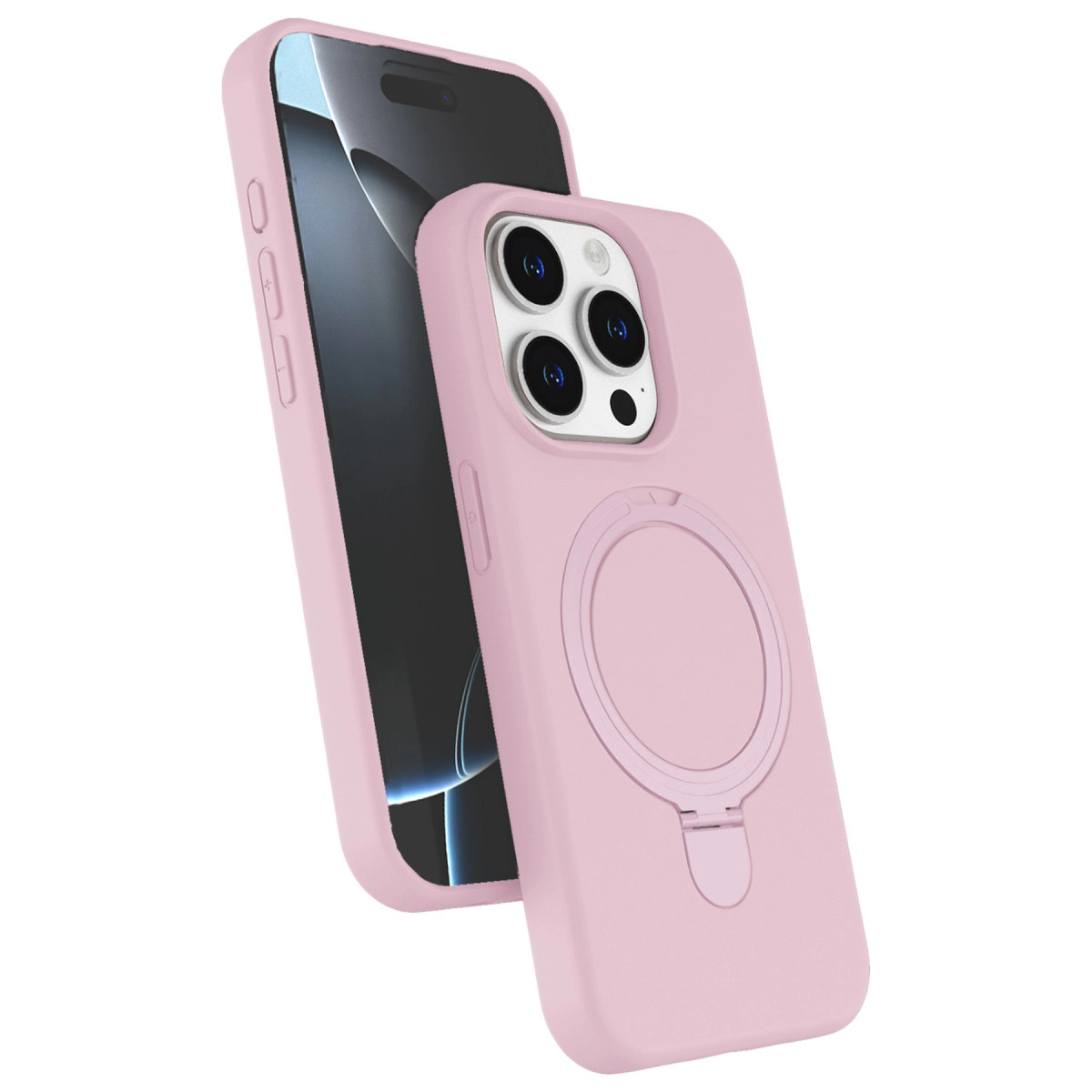 Bir telefonda halka tutuculu açık pembe telefon kılıfı.