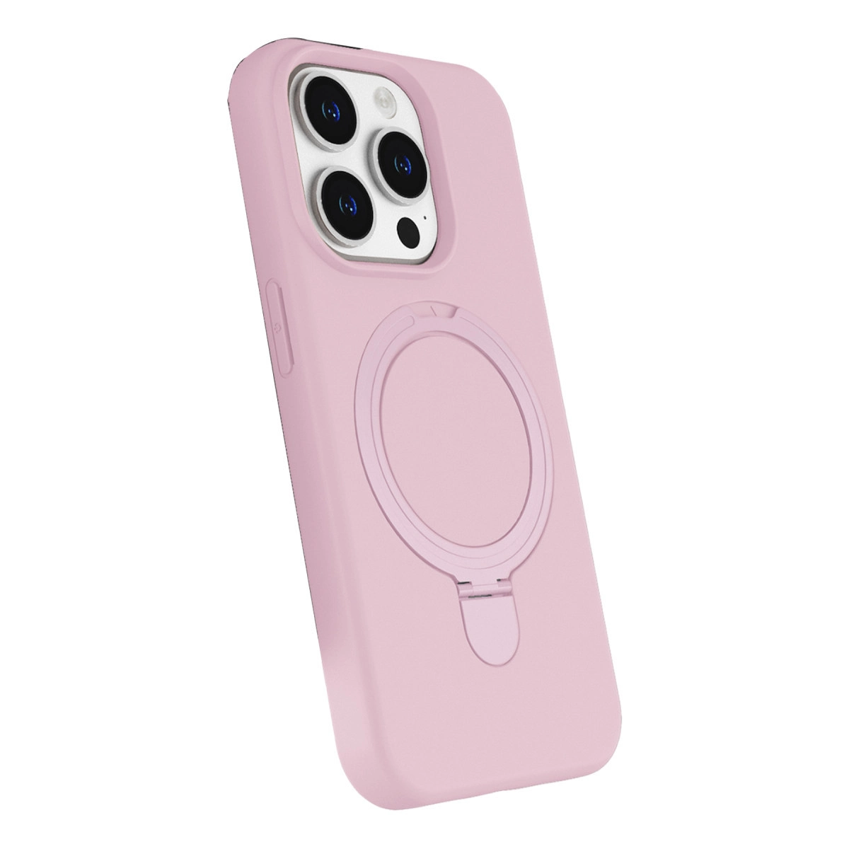 Halka tutuculu ve kamera lensli pembe telefon kılıfı.
