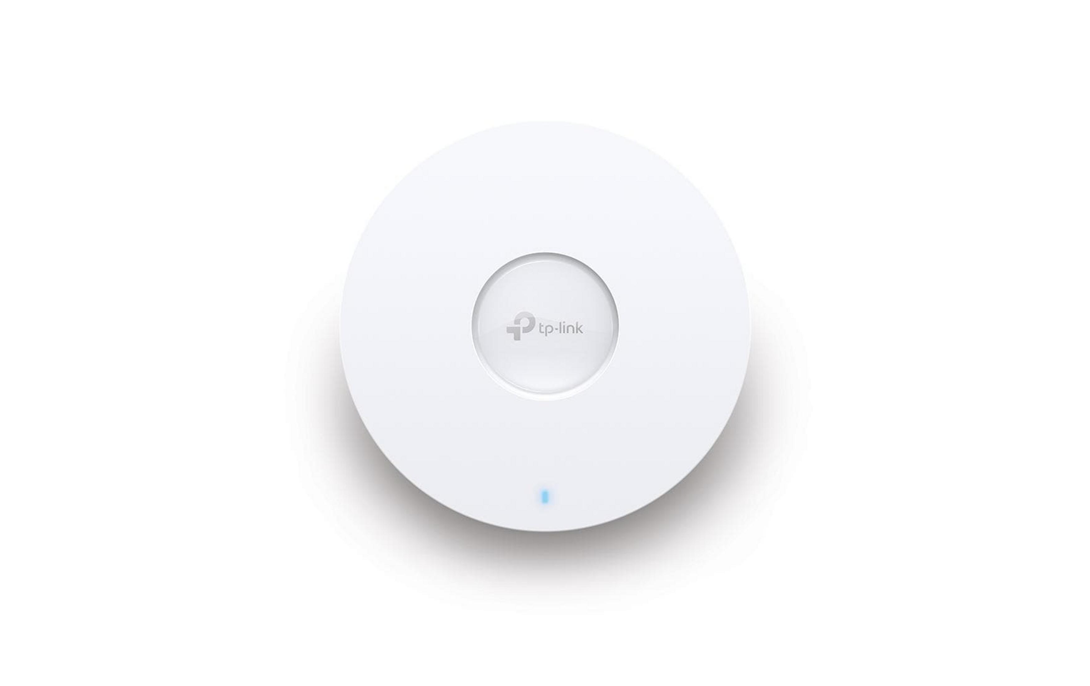 Białe, okrągłe urządzenie TP-Link z niebieskim światłem na białym tle.