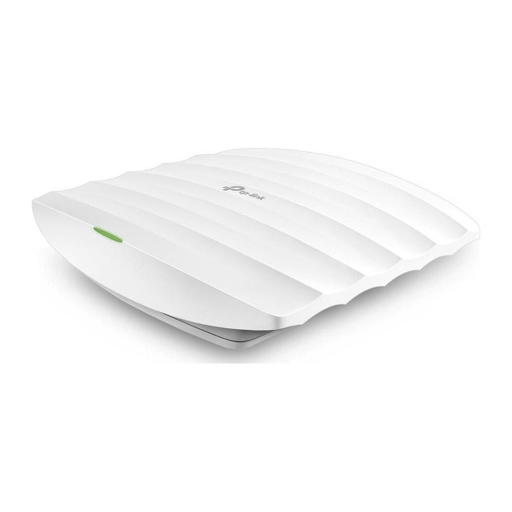 Biały punkt dostępowy TP-Link z żebrowaną obudową i zieloną diodą LED.