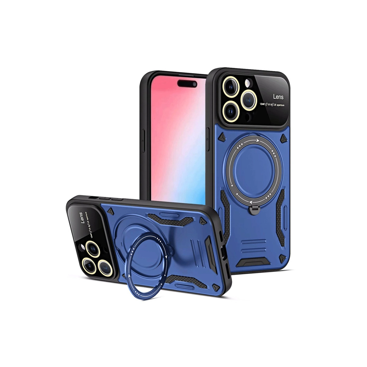 Halka tutuculu ve kamera korumalı iki mavi telefon kılıfı.