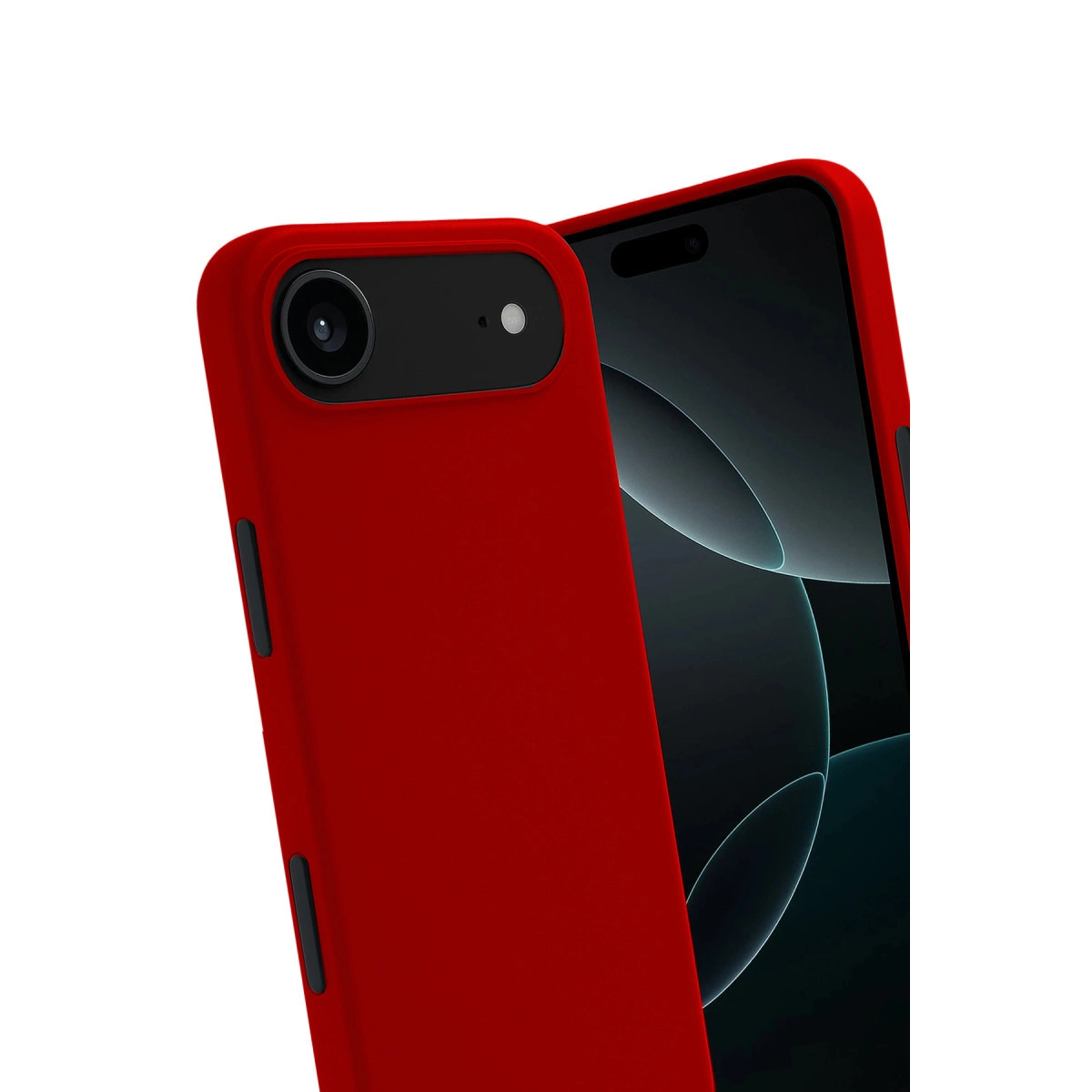 Siyah kamera modüllü kırmızı telefon kılıfı, yanında bir akıllı telefon.