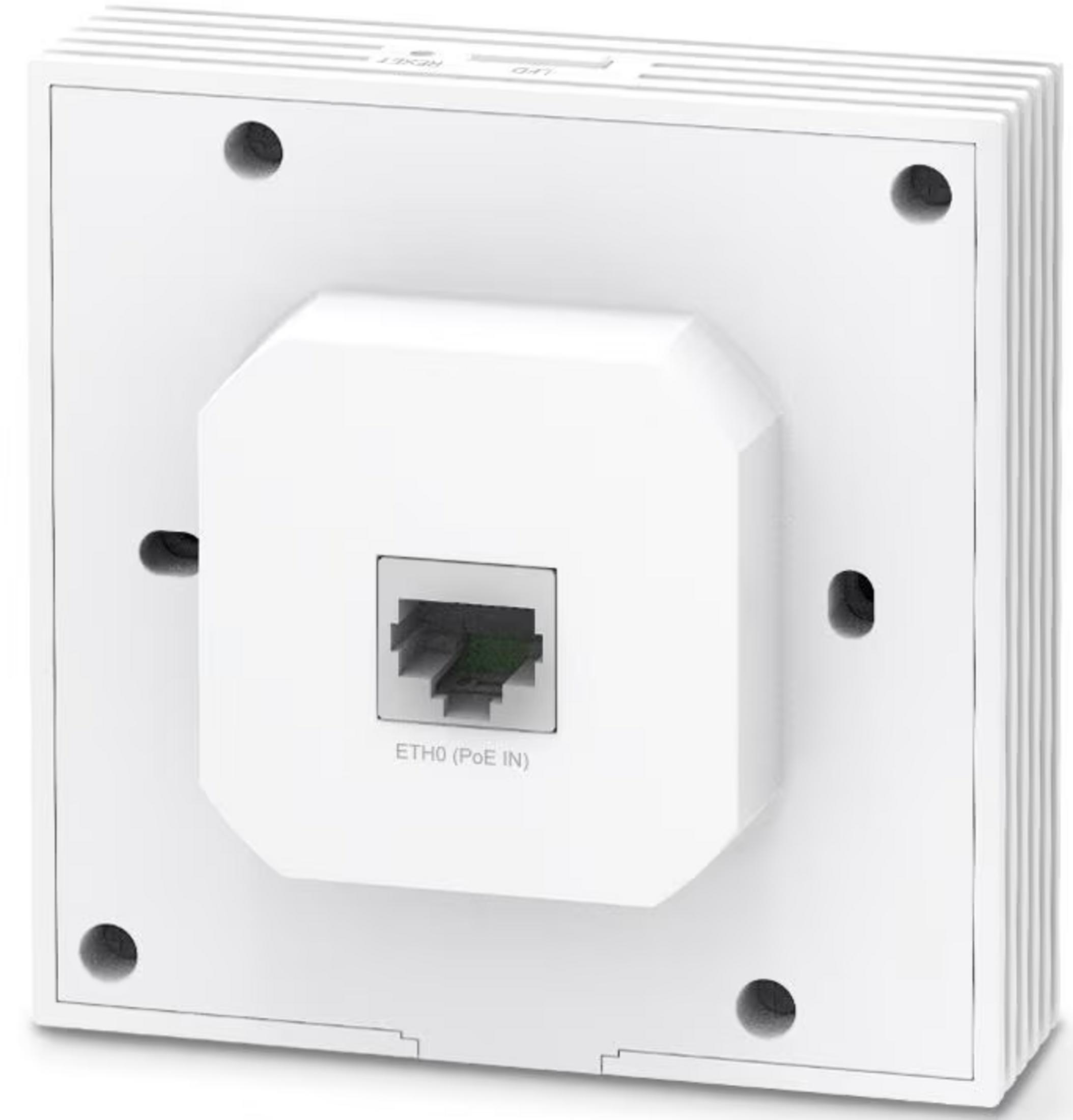 Białe urządzenie z pojedynczym portem Ethernet i czterema otworami montażowymi.