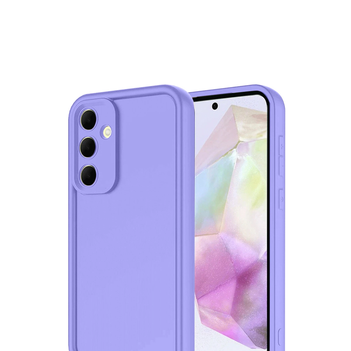 Arkada üç kamera lensli mor telefon kılıfı.
