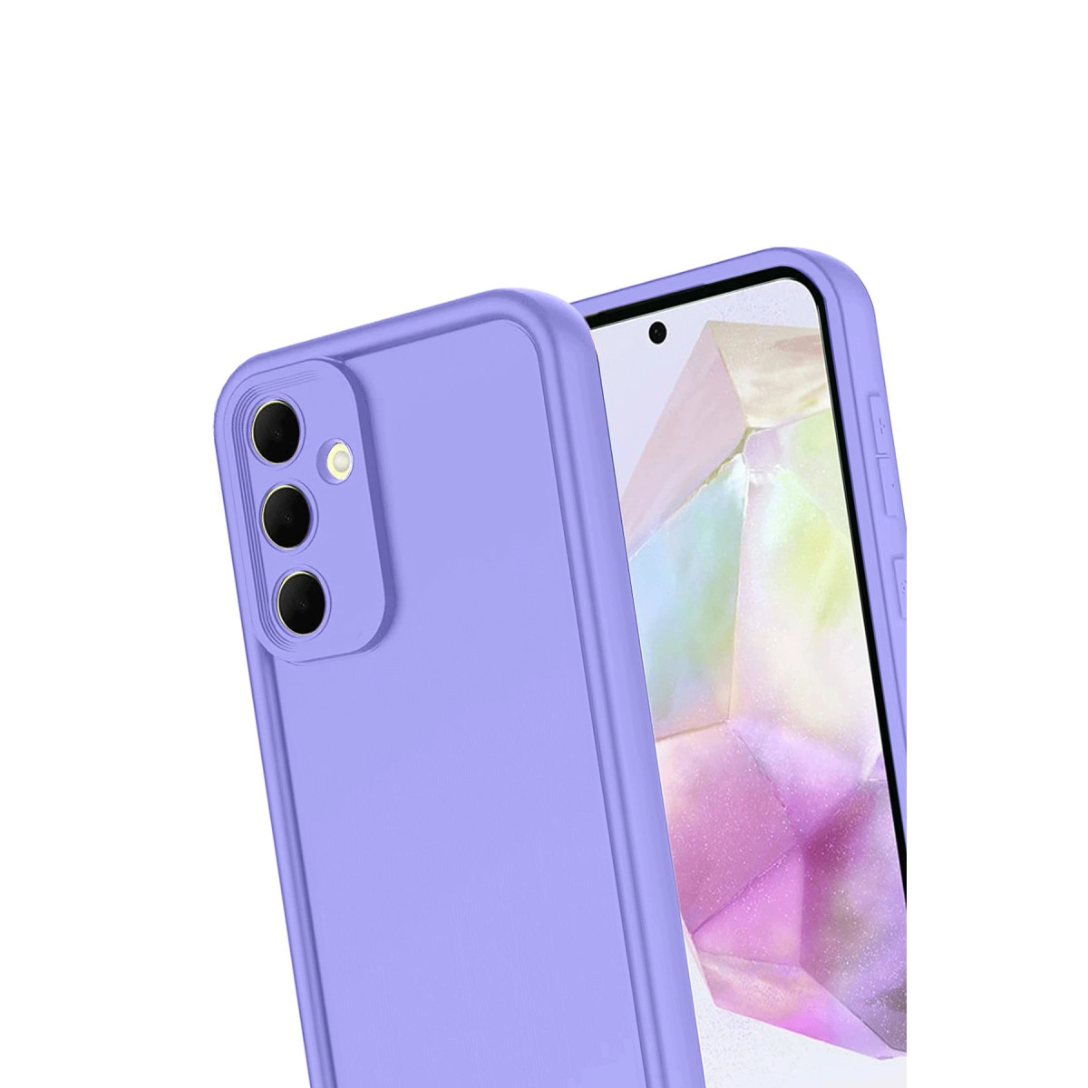 Arkada üç kamerası olan mor bir telefon kılıfı.
