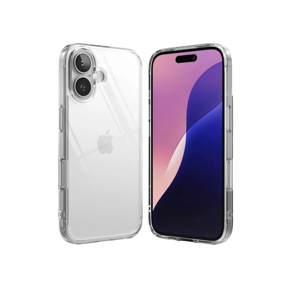İki şeffaf telefon kılıfı. Biri arka kameraları, diğeri ön ekranı gösteriyor.