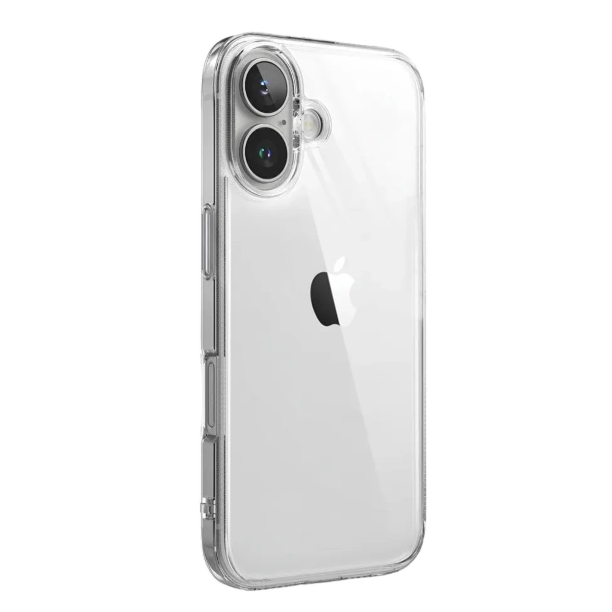 Şeffaf telefon kılıfı, çift kamera ve Apple logosu beyaz arka plan üzerinde.