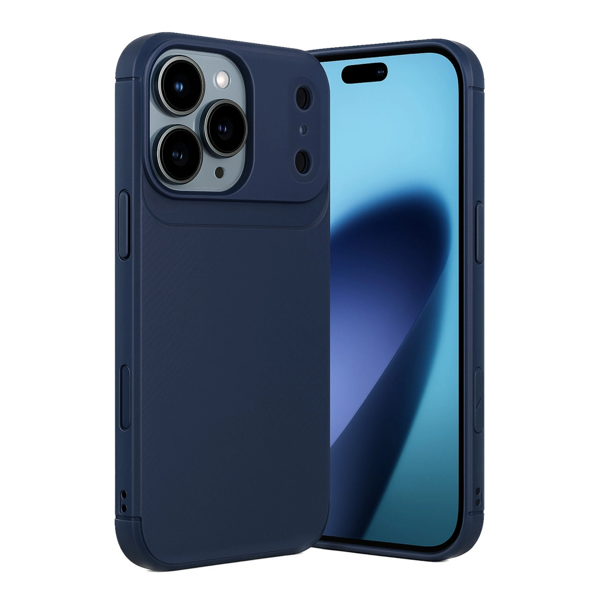 Üç kamera lensli lacivert telefon kılıfı. Beyaz arka planlı.