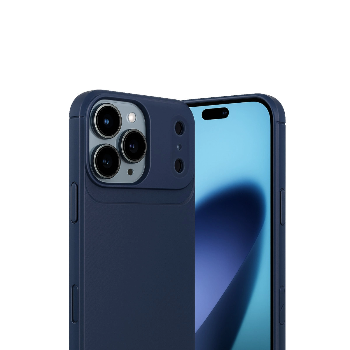 Üç kameralı lacivert telefon kılıfı, mavi ekranlı bir akıllı telefonun yanında.