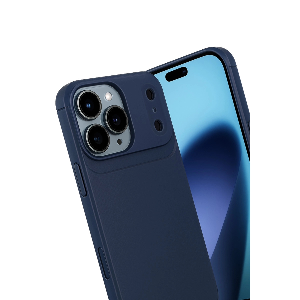Beyaz arka plan üzerinde üç kamera lensi ve ön kameraya sahip lacivert telefon.