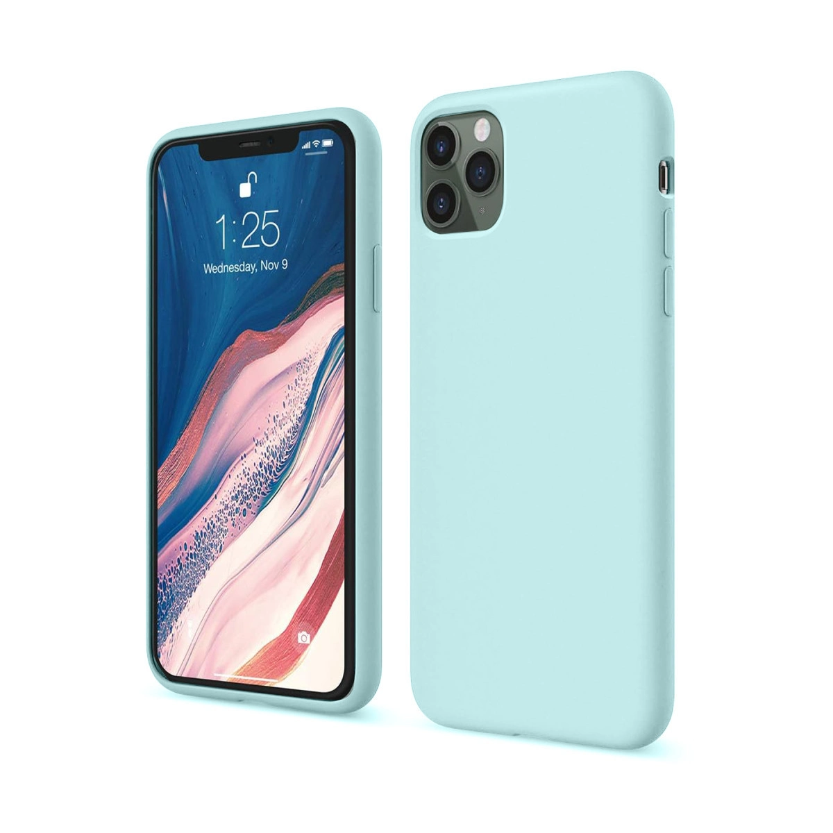 1:25 saatli, mavi duvar kağıtlı açık mavi bir iPhone.