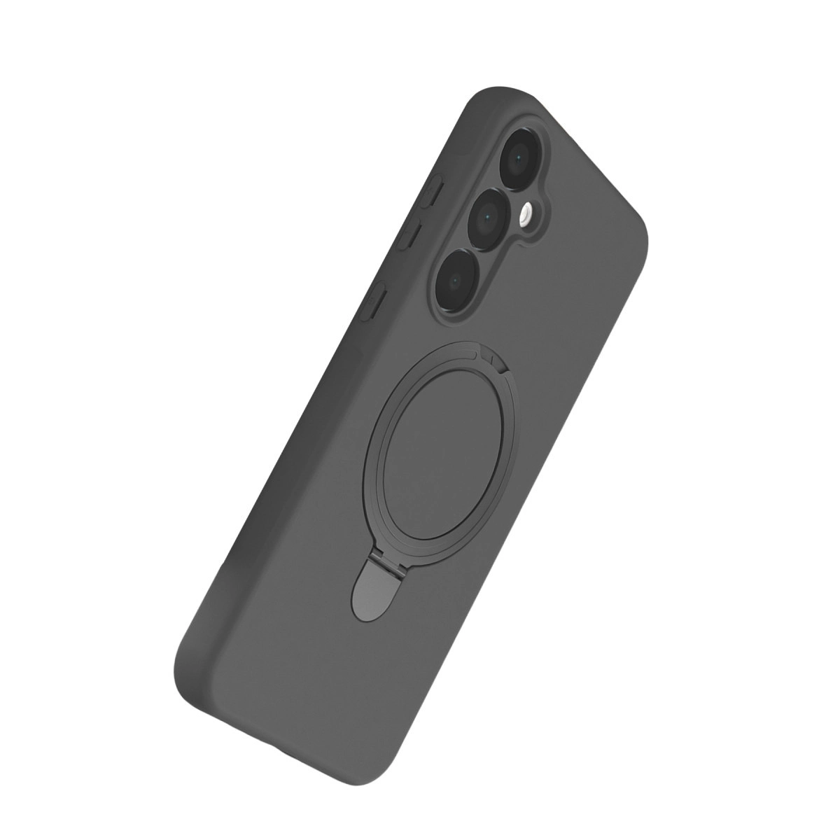 Halka tutuculu ve üç kamera lensli gri telefon kılıfı.