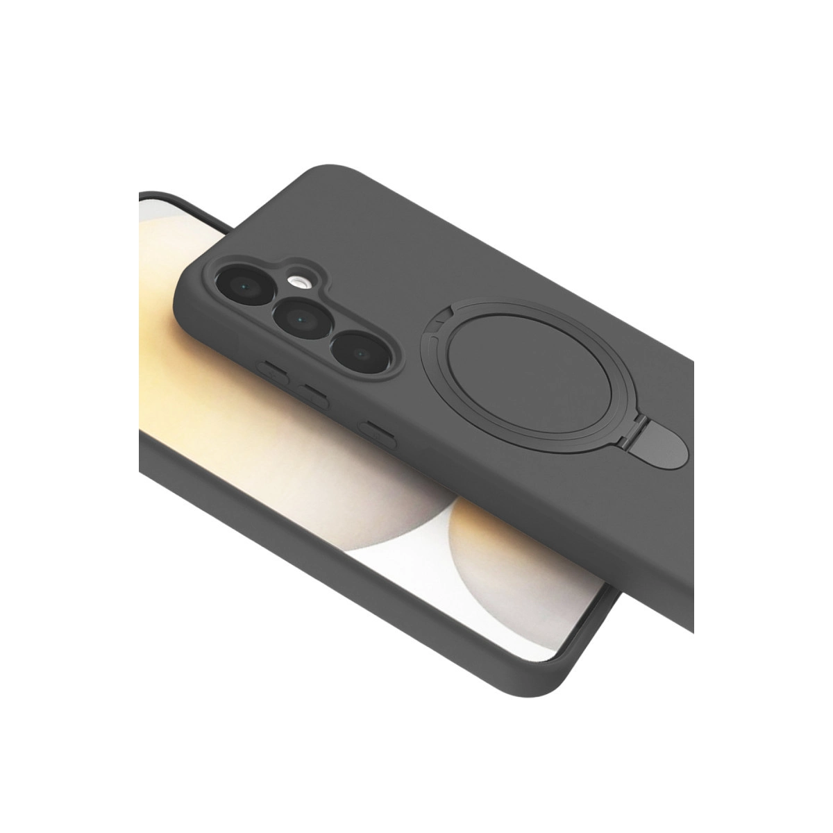 Halka tutuculu ve kamera modüllü koyu gri telefon kılıfı.