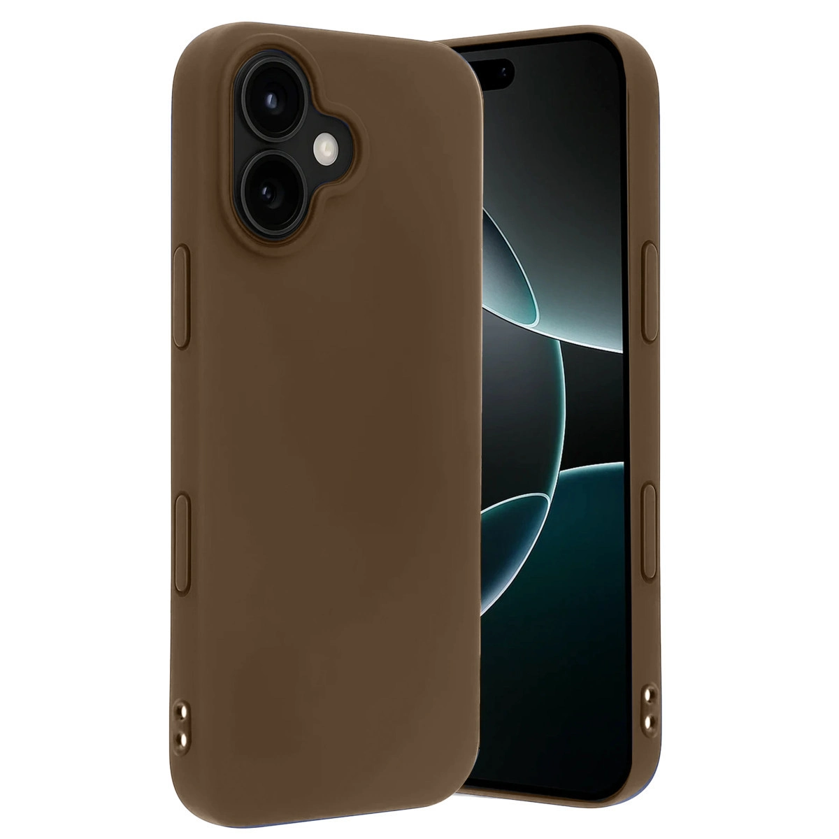 Telefonun yanında flaş ve iki kamera lensi olan kahverengi telefon kılıfı.