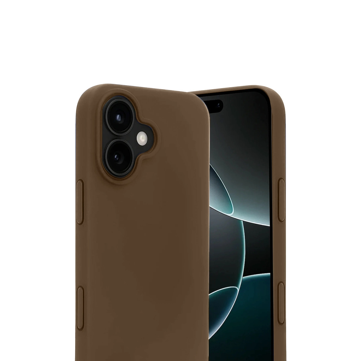 Beyaz arka plan üzerinde iki kameralı kahverengi telefon kılıfı.