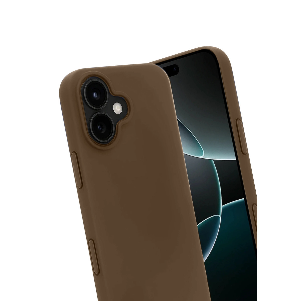 Beyaz arka plan üzerinde iki kamera ve flaşlı kahverengi telefon kılıfı.