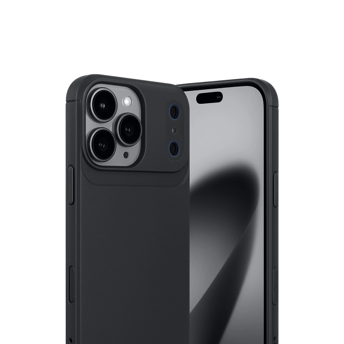 Üç kamera lensli siyah telefon kılıfı ve bir akıllı telefon.