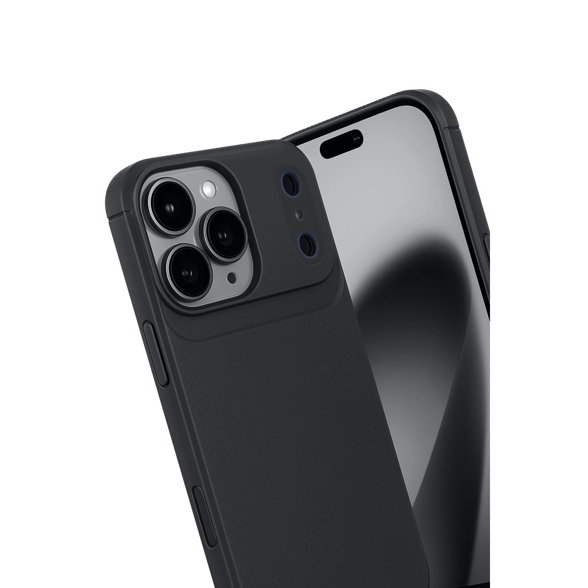 Beyaz arka plan üzerinde üç kamera lensli siyah telefon kılıfı.