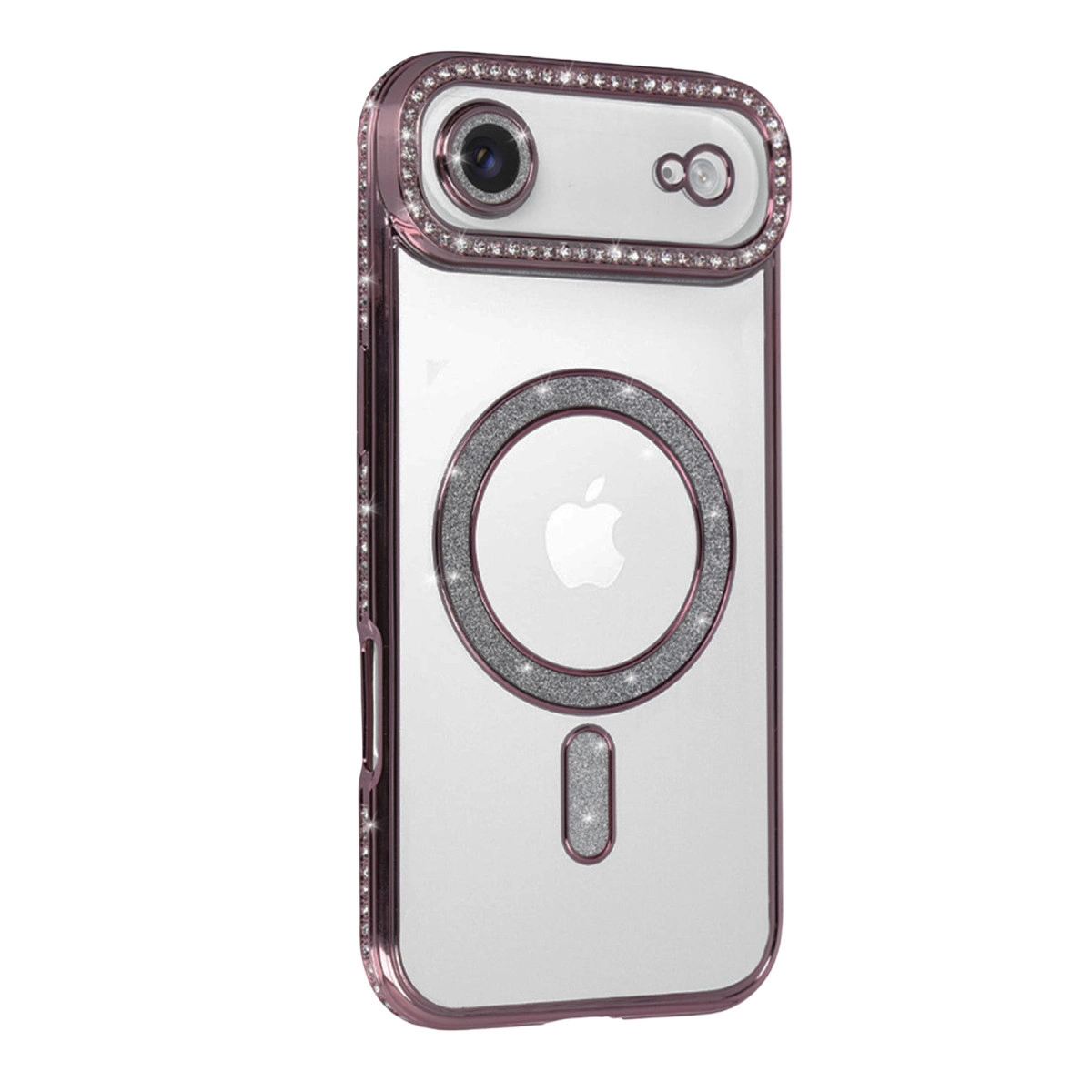 Görünür Apple logosuna sahip, simli, gül rengi iPhone kılıfı.