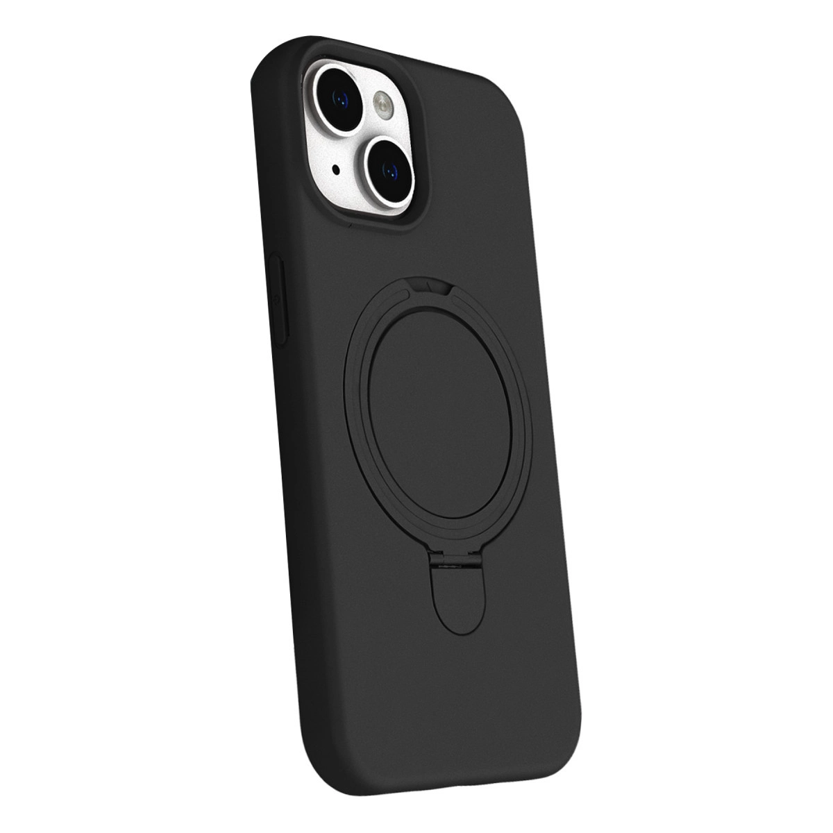 Halka tutuculu ve kamera çıkıntılı siyah akıllı telefon kılıfı.