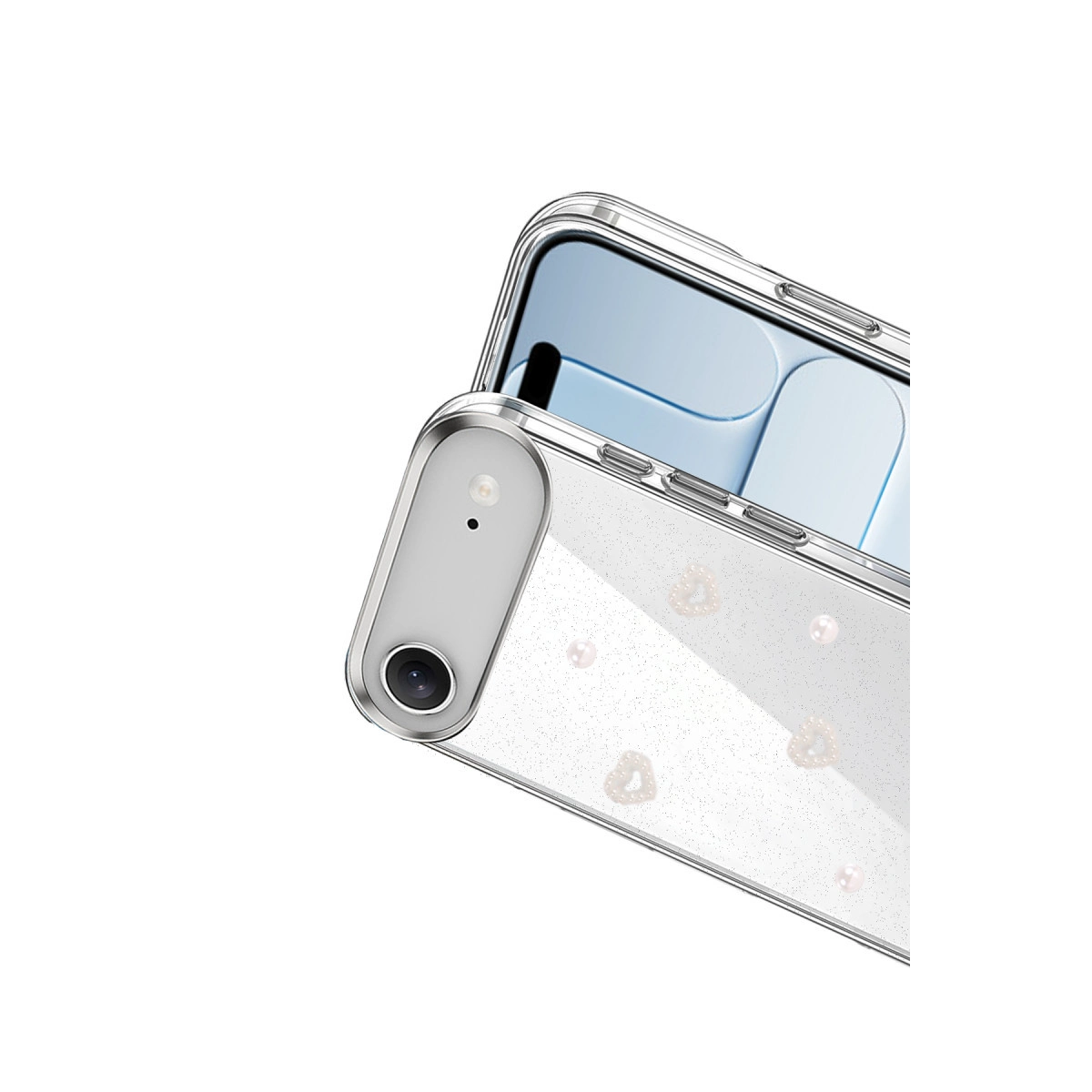Simli ve inci kalp tasarımlı şeffaf telefon kılıfı.