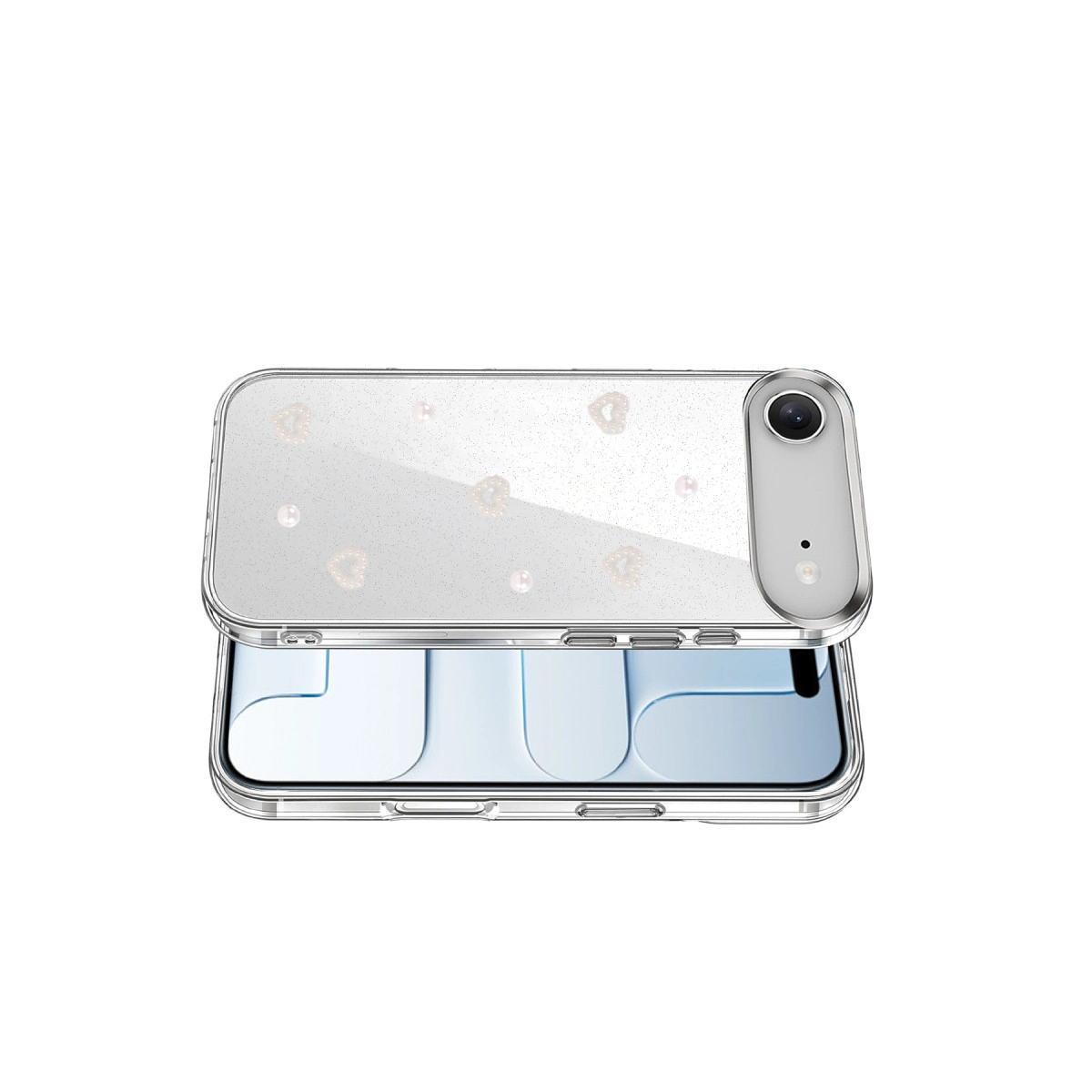 Kalpler ve incilerle şeffaf telefon kılıfı, kamera kesimi mevcut.