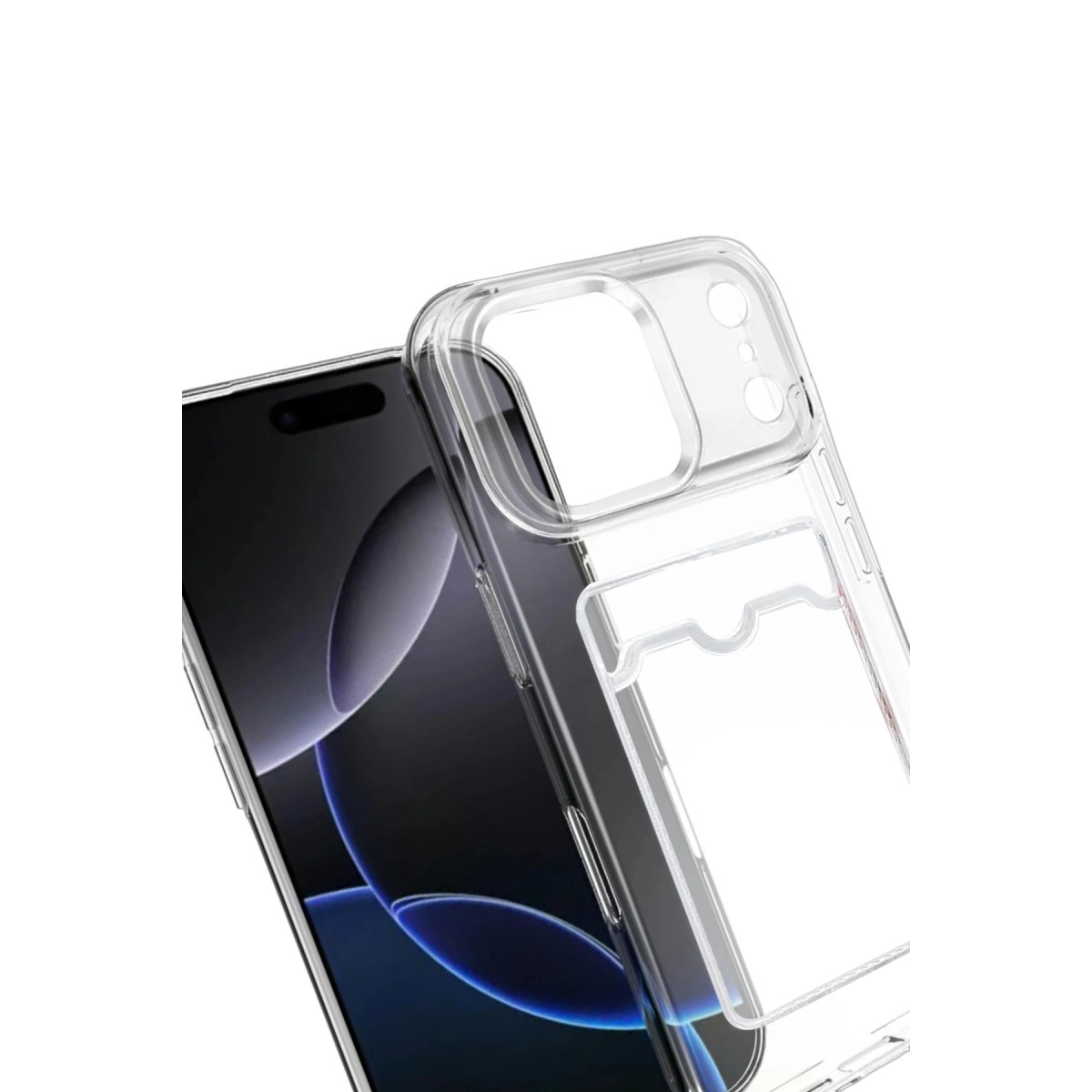 Koyu renkli akıllı telefon üzerinde kart yuvalı şeffaf telefon kılıfı.