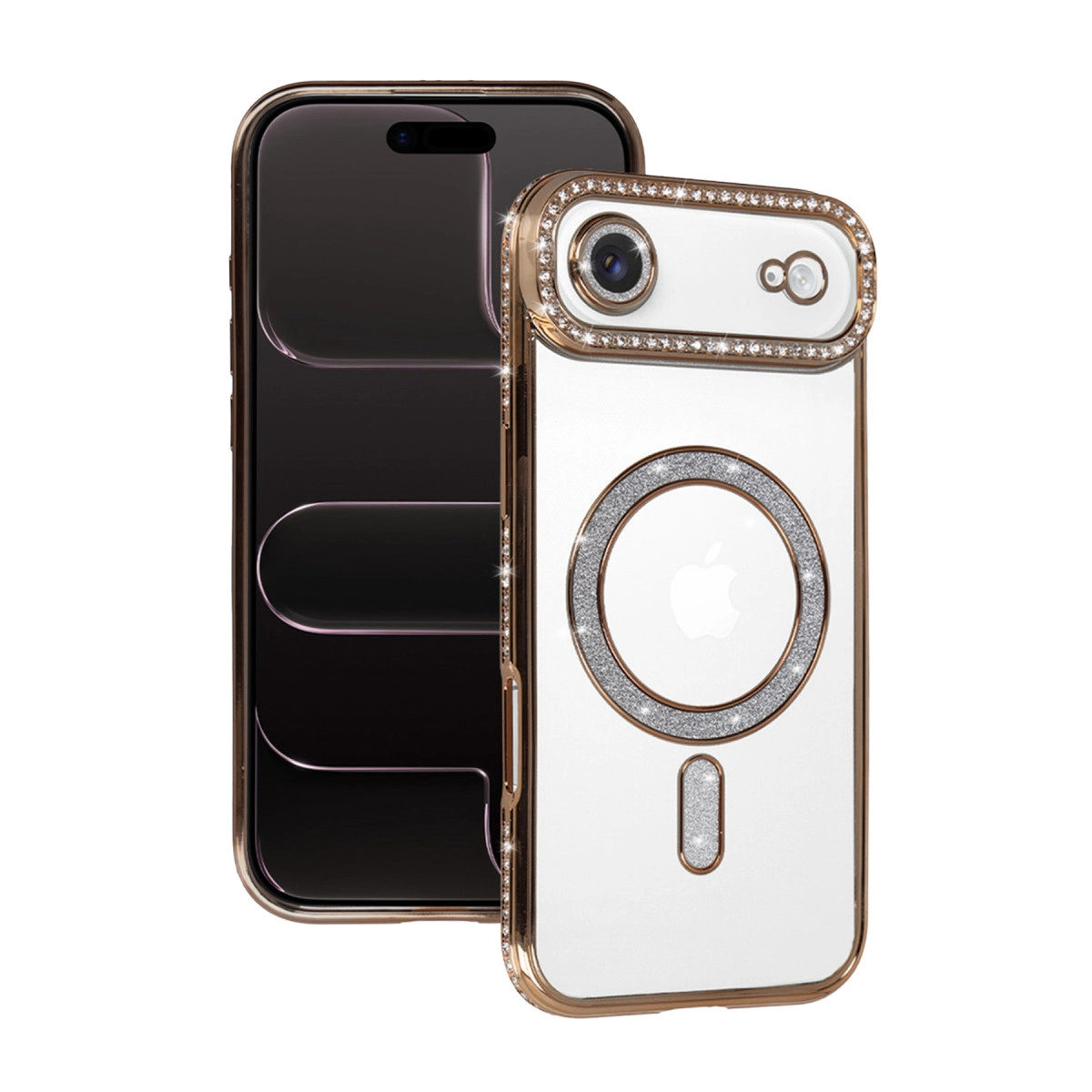 Altın kenarlı, kamera ve logo çevresinde sim bulunan beyaz iPhone kılıfı.