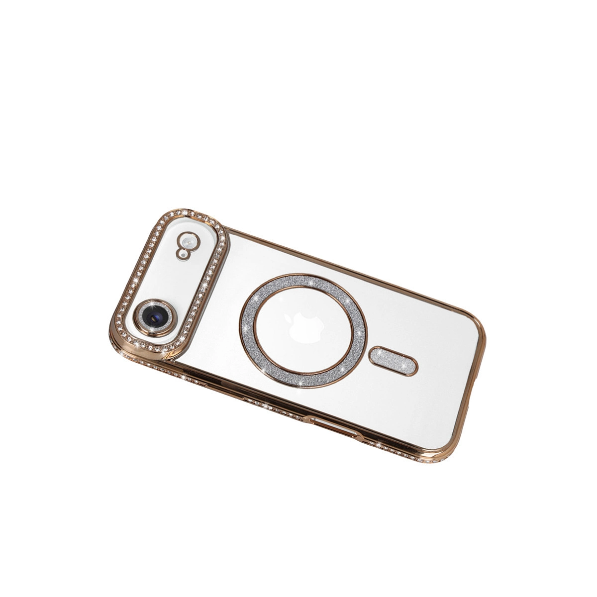 Altın kenarlı ve simli detaylı şeffaf iPhone kılıfı.
