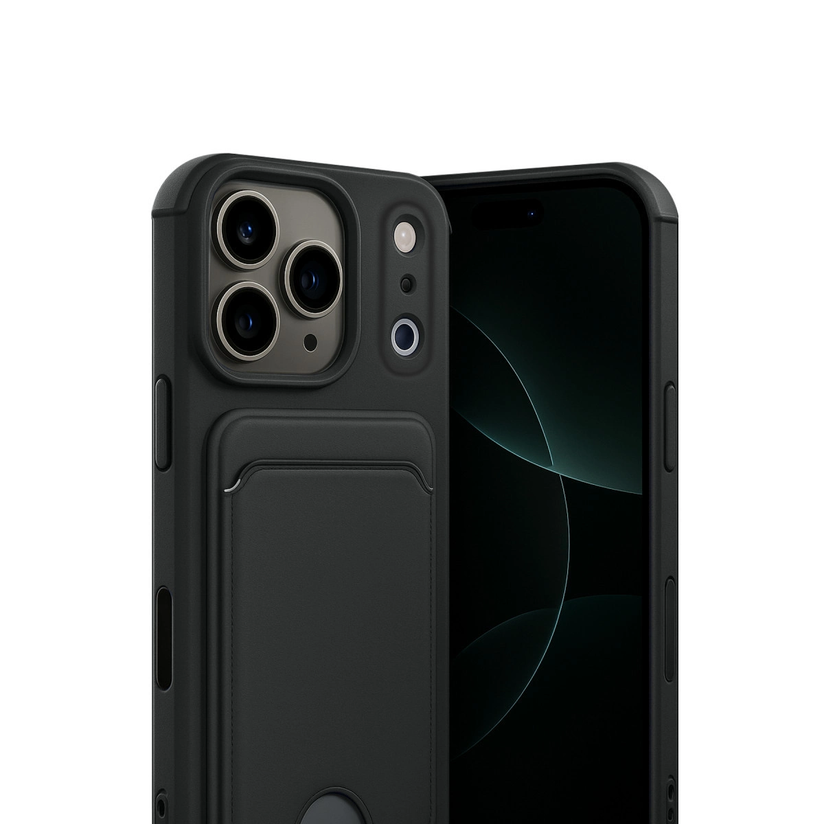Üç kameralı ve kartlıklı siyah iPhone.