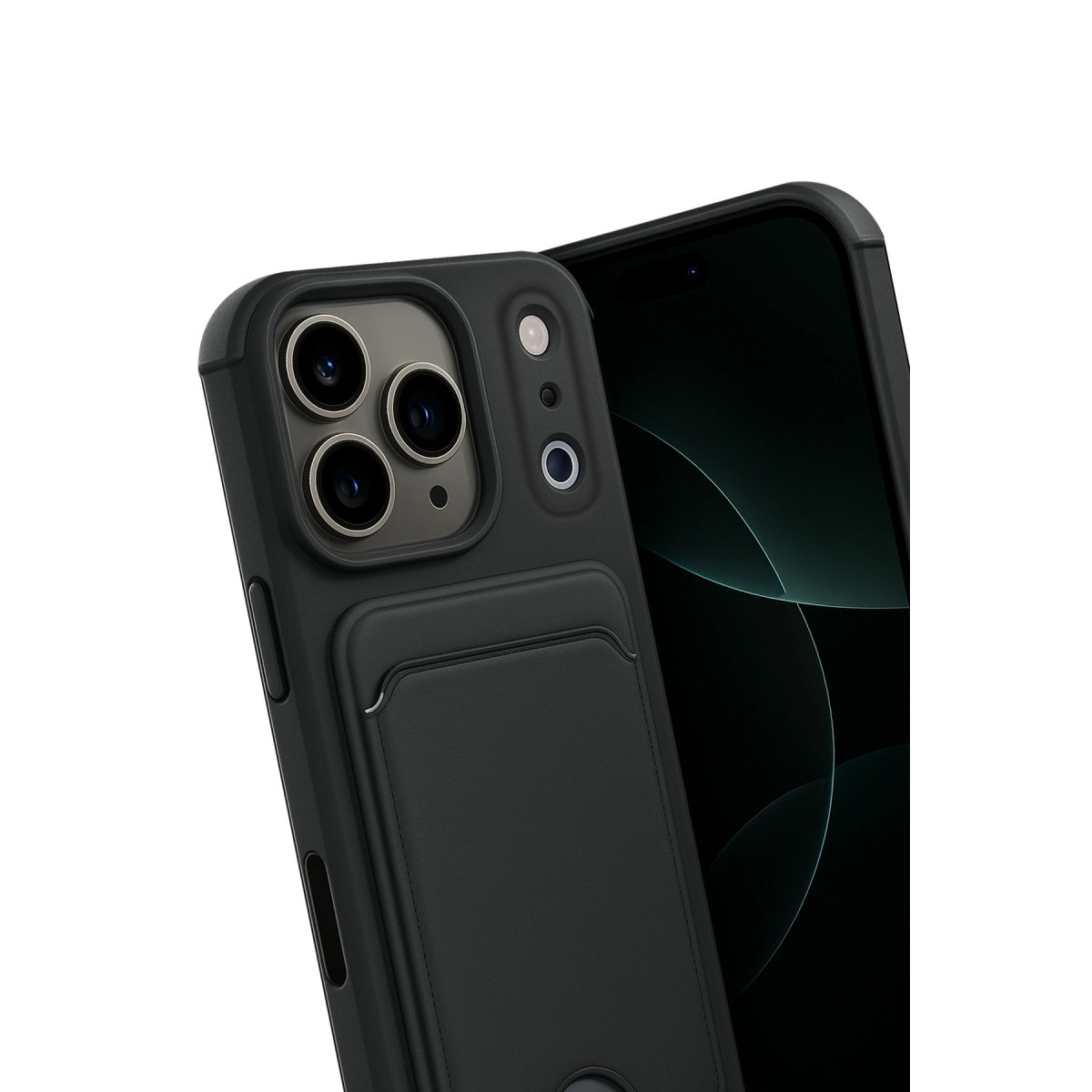 Kart tutuculu siyah telefon kılıfı, kamera lensi ve ekranı gösteriyor.
