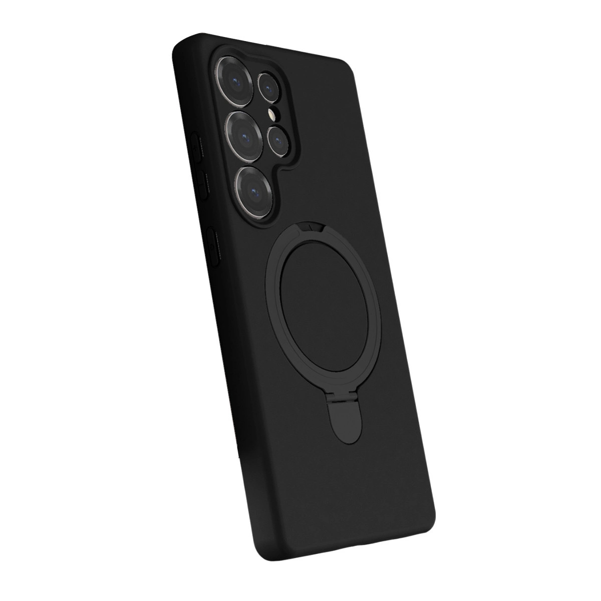 Halka tutuculu ve çoklu kamera lensli siyah telefon kılıfı.