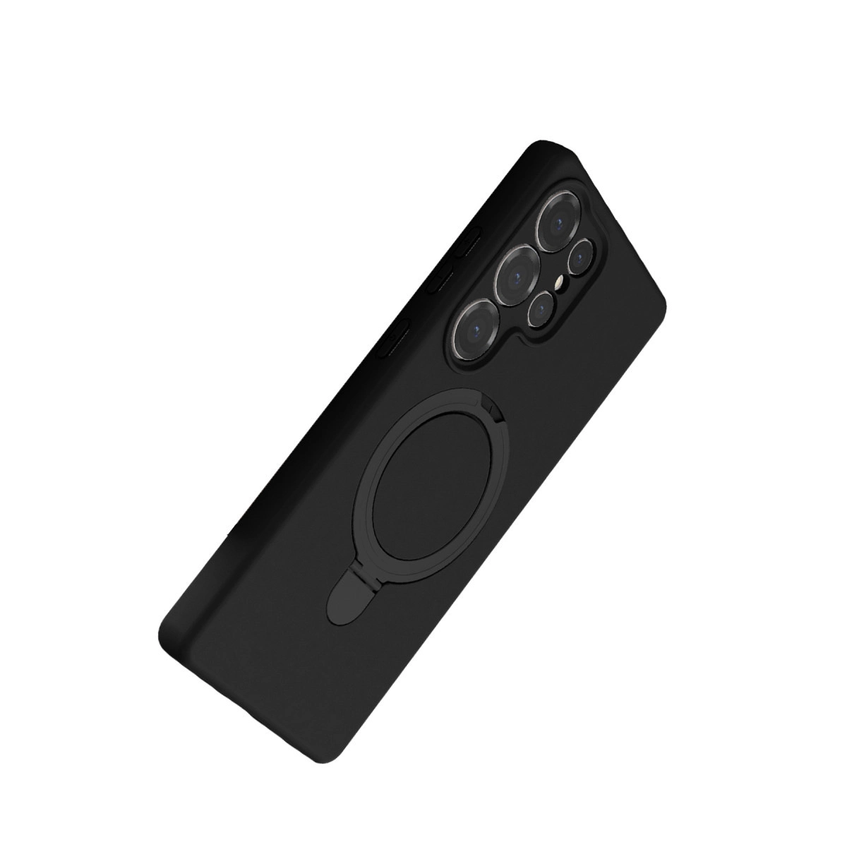 Beyaz arka plan üzerinde halka tutuculu ve kamera lensli siyah telefon kılıfı.