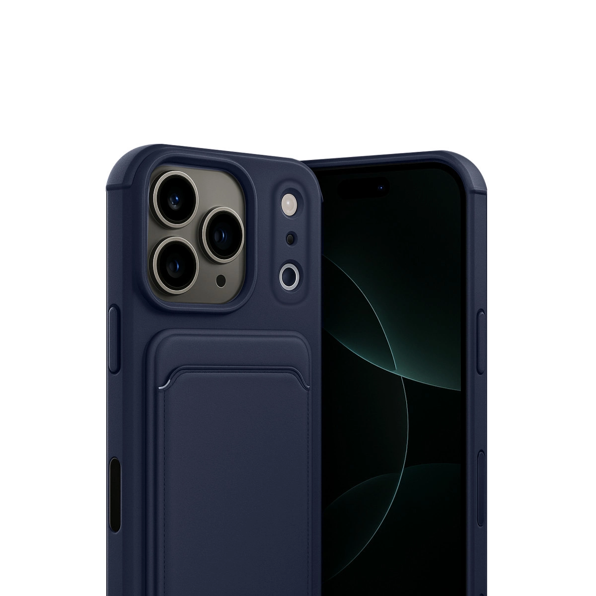 Kartlıklı ve üç lensli lacivert telefon kılıfı.
