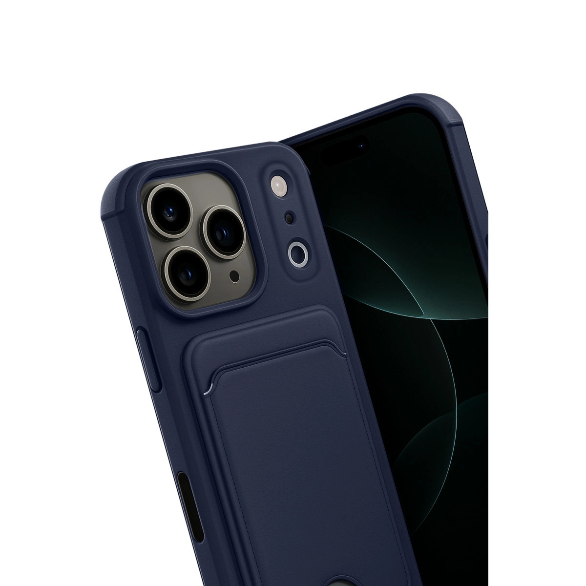 Koyu mavi telefon kılıfı, kart yuvalı ve üç kamera lensli.