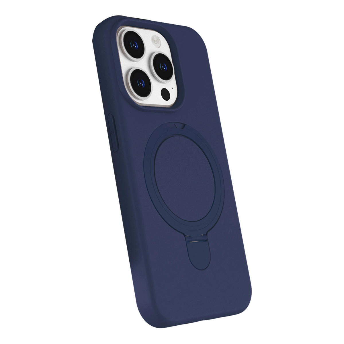 Halka tutuculu lacivert telefon kılıfı ve lensler.