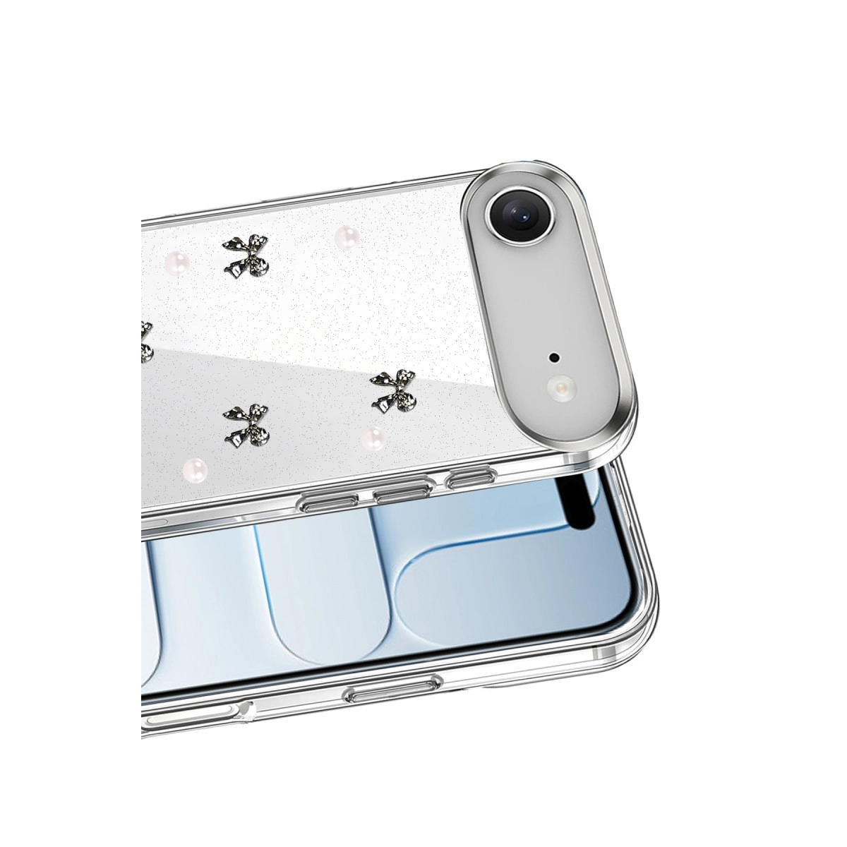 Sim, inciler ve fiyonklarla süslü şeffaf telefon kılıfı.