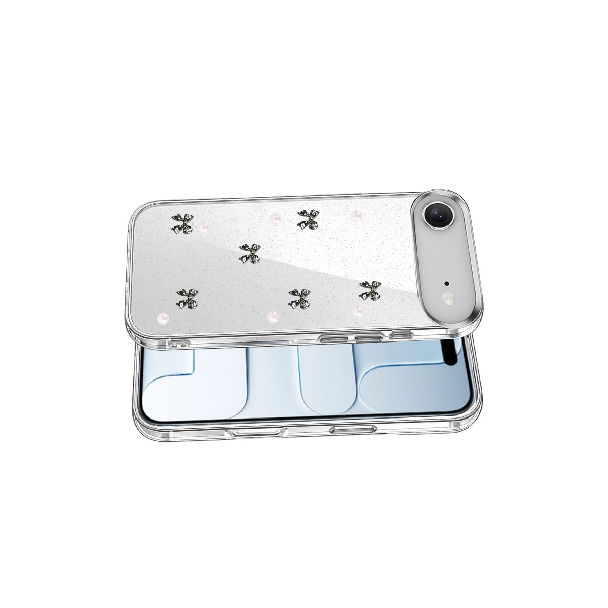 Fiyonklar ve incilerle süslenmiş şeffaf telefon kılıfı, kamera modülü mevcut.