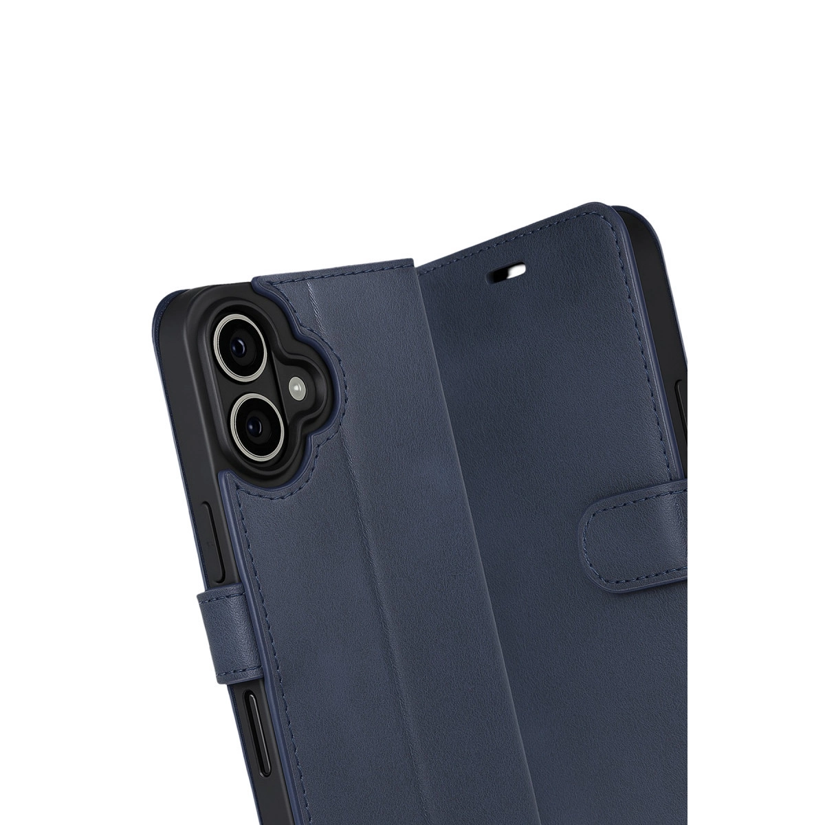 Koyu mavi telefon kılıfı, kamera oyuğu ve kayışlı kapamalı.