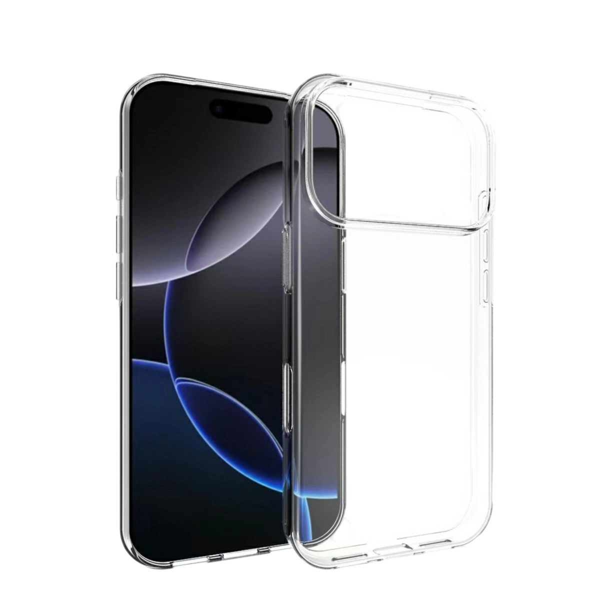 Koyu arka planlı akıllı telefonun yanında şeffaf telefon kılıfı.